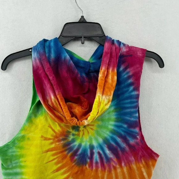 San Diego Tank Top Women's Sm Yellow Blue Tie-dye Boxy Cropped Hooded Drawstring - Picture 7 of 10